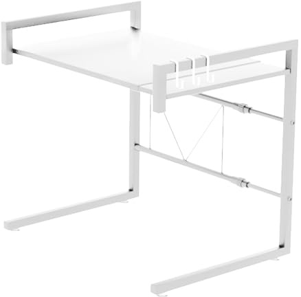 Saterkali Microwave Shelf,Microwave Rack with Hooks Adjustable Microwave Stand Countertop,Expandable Microwave Stand with Storage Microwave Oven Storage Rack for Utensils Towels Dish White