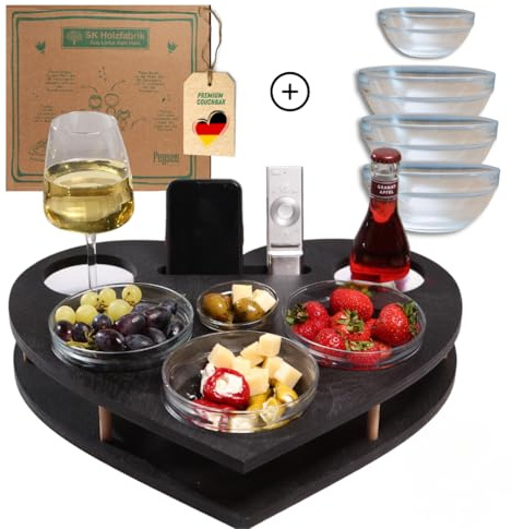 PEGSEN Herz Couchbar in Schwarz mit 4 Glasschalen - Sofatablett für Snacks & Getränke [stabil & sicher] Snackbox inkl. Getränkehalter - ideal für Süßigkeiten