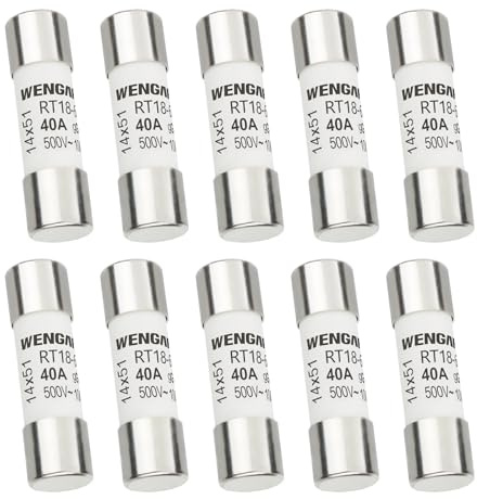 Wengart Fusible cilíndrico de cerámica CA RT18-63 (RO16), CA500V 40A 100kA, 10 unidades, 14x51 mm, adecuado para electrodomésticos, instalaciones industriales, edificios eléctricos