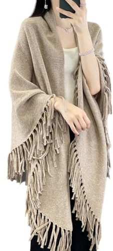 Ailaile 100% lana merino scialle avvolgere donna nappa poncho mantello cardigan autunno inverno allentato aperto maglione cappotto, Cammello, taglia unica