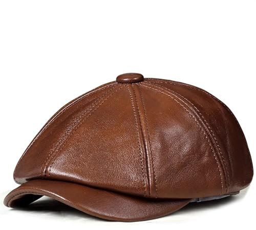 Echtes Leder Hut Mütze Gürtel Rindsleder Baskenmütze Warm Winter Baumwolle Herren Polsterung Mütze Ohrenklappe(Brown,XXL 59 60cm)
