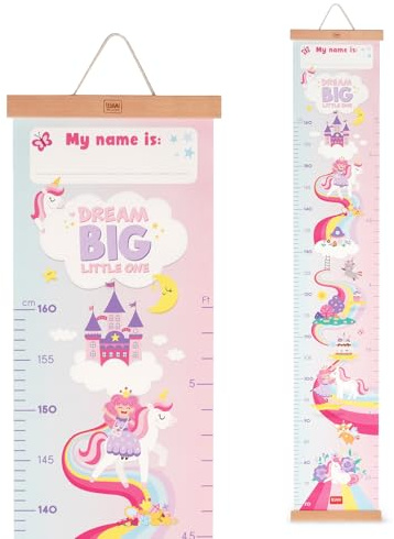 Legami - Dream Big Little One Messlatte zum Aufhängen für die Körpergröße von Kindern, bis 160 cm, 41 Aufkleber im Lieferumfang enthalten, mit Holzleisten, Motiv Unicorn
