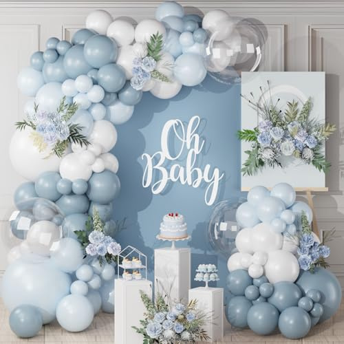 Kit Arco Palloncini Blu Bianco, 122pcs Kit Ghirlanda Palloncini Azzurri Bianco con Palloncini Blu Nebbia Blu Macaron Trasparenti, Decorazione Baby Shower Blu per Battesimo Bimbo Compleanno Matrimonio