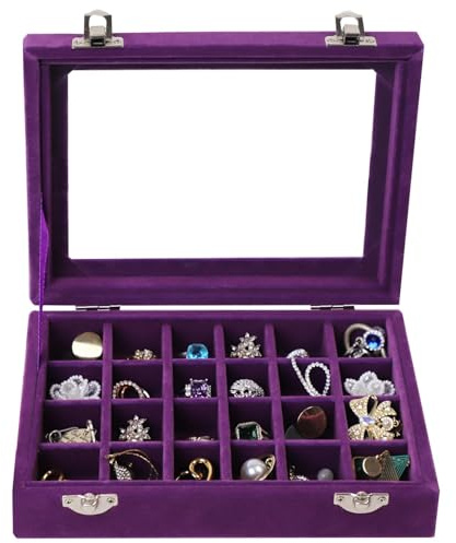 BASUWELL 24 Grid Velvet Jewelry Tray for Drawers Glass Clear Lid Showcase Display Storage Ring Trays Holder Earrings Organizer Case Purple