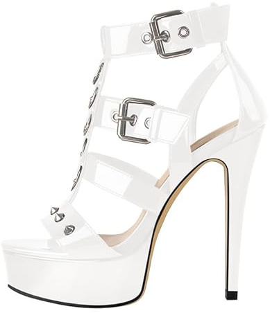 blingqueen Damen Plateau Sandalen Punk Sandaletten Gothic High Heels T-Riemen Riemchensandalen mit Nieten Schnallen Glitzer Weiß 39 EU