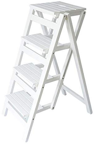 Holzleiter mit 4 Stufen, Lagerregal, Blumenregal, Klappbare Trittleiter, Bibliothekstreppenstuhl, Gartengeräteleiter, Höhe 92 cm, platzsparend (weiß)