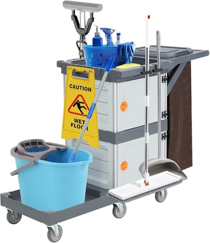 Janitorial Cart with 2 Cabinet, Commercial Traditional Janitorial 3-Shelf Cleaning Cart On Wheels with Cover and Vinyl Bag, Grey