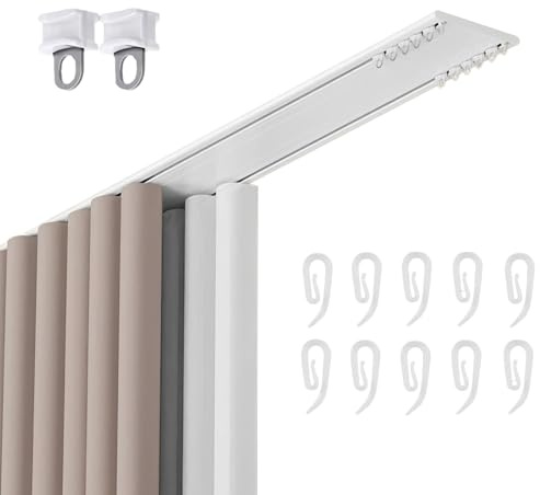 Binario per Tenda A Doppia Fila Silenzioso, Ultra-Sottile Binario Tenda Soffitto Alluminio Scorrevole Bastone Tenda Spessore 6mm con Carrucola E Gancio(White,250cm(98.4in))