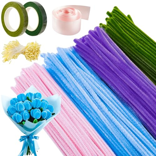 Juego de 400 limpiadores de pipas para manualidades, 4 colores, limpiador de pipas para manualidades, con alambre de flores, estambre para ramo de flores, decoración de bricolaje (azul)