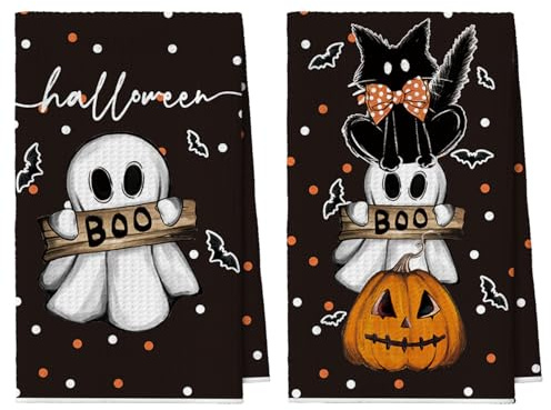 Artoid Mode Geist Kürbisse Tupfen Halloween 42x65 cm 2er Set Geschirrtücher | Saisonal Katze Boo Polyester Küchentücher Handtücher Küche Dekor