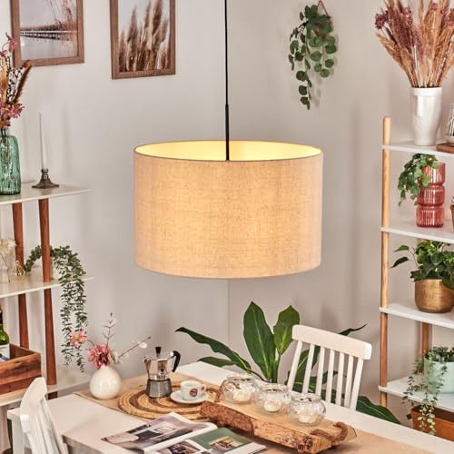HOFSTEIN Hängeleuchte Flemming, Hängelampe aus Metall/Stoff in Schwarz/Beige/Weiß, moderne Pendelleuchte im modernen Design (Ø 50 cm), E27, Höhe max. 157 cm, Esszimmer, Wohnzimmer, Küche, Flur