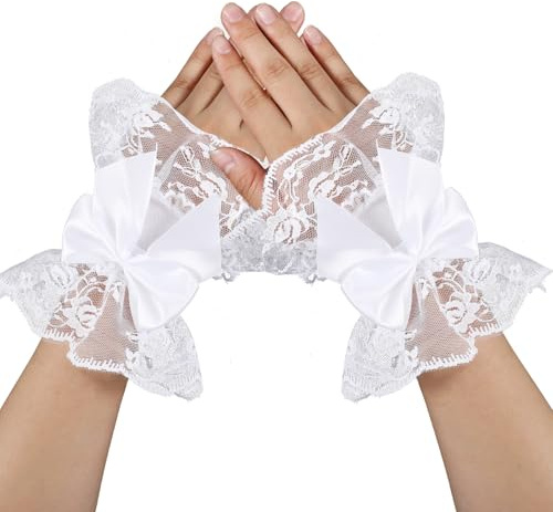 Telooco Spitze Fingerlose Handschuhe Damen Kurz Halloween Handschuhe Vintage Braut Hochzeit Spitzenhandschuhe mit Schleifen für Teeparty Halloween Abendessen Beerdigung (Schwarz, Weiß)