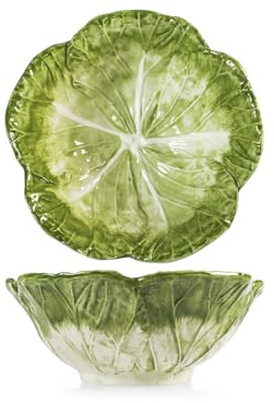 H&H Bowl Verza in Stoneware Decorata – Ciotola Grande per Insalata o Zuppe – Ceramica Resistente – 21x9h cm – Design Foglia di Verza Elegante