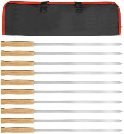 8 pinchos planos anchos de acero inoxidable de 17 pulgadas de largo, pinchos planos para acampar al aire libre, tenedor de barbacoa de metal con mango de madera