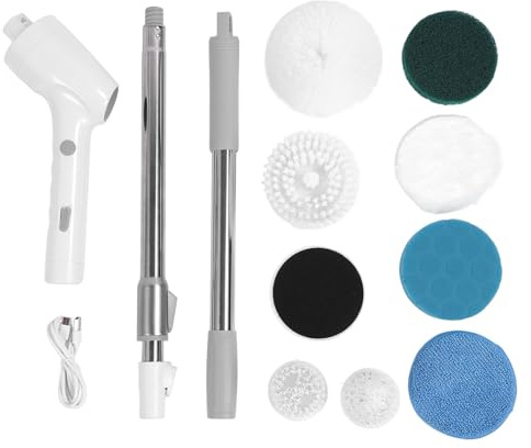 8 in 1 Electric Cleansing Brush | 25W Cordless Shower Scrubber for Tub/Tile/Floor/Car | Long Handle Rechargeable Bath Brush with 12 Accessories (White)