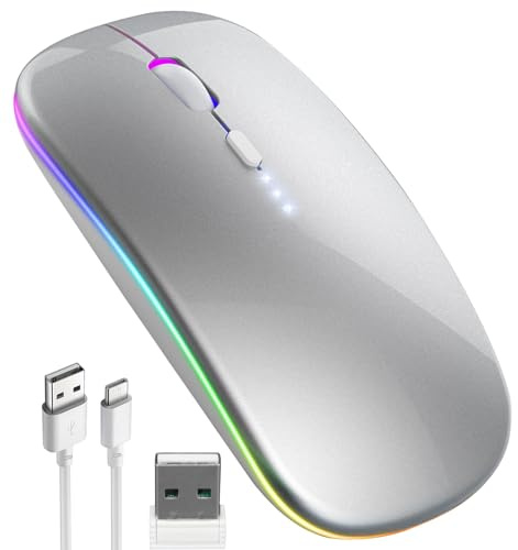Yuio Wireless Bluetooth Mouse for Laptop, Slim LED Dual Mode Bluetooth 5.1+2.4Ghz Mouse for MacBook, Rechargeale Portable Optical Office Mouse with Mute button for Apple, PC, Windows, Mac OS, iPad OS
