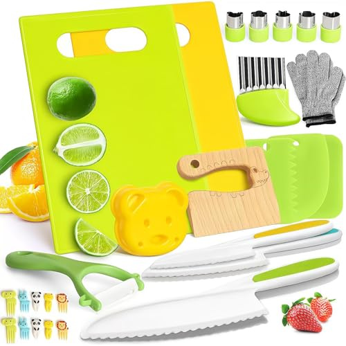 Kits de Cuisine à Jouer, Couteaux de Cuisine Sécurité pour Enfants - Set Montessori 17 Pièces, Couteaux sans pour Apprendre à Couper Fruits et Légumes, Jeu Éducatif Cuisine Enfant à Partir de 2 Ans