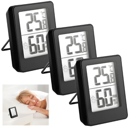 3 Pack Room Thermometer Indoor for Greenhouse,Mini Temperature Monitor and Humidity Meter Digital Hygrometer Humidity Meter Gauge with Comfort Indicator for Baby Nursery,Home,Office Black