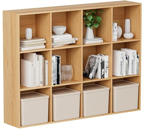 VDNEND Bücherregal Holz mit 12 Fächer und Geschlossener Rückwand, Regal Wohnzimmer, Raumteiler Regal, Würfelregal, Aufbewahrungsregal, Büroregal, Aktenschrank, 121 x 24 x 91,4 cm