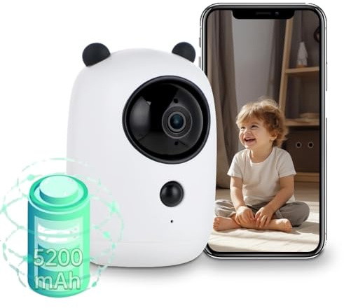 2K Camera Surveillance WiFi Interieur sans Fil, Caméra de surveillance WiFi intérieure +64 Go Carte Pan/Tilt Camera Animaux Interieur 5200mAh Détection de Mouvement pour Bébé/Animaux/Domestique