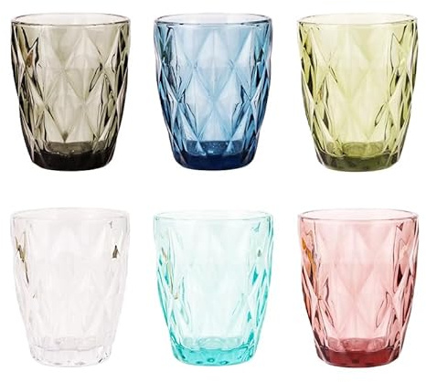 TRESV Set de 6 Vasos Colores o Transparente, Vaso de Cristal agua de 300 ml, Vaso de Agua y Bebidas, Aptos para Lavavajillas (6 Colores)