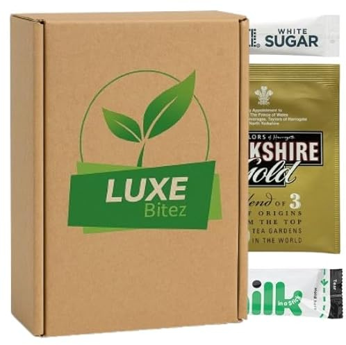 Luxury 120-Piece Gold Tea Set – 30 Gold Tea Envelopes, 30 Lakeland UHT Milk Sticks, 60 Tate & Lyle White Sugar Sticks | Individually Wrapped Portions for Home, Office, Travel | By Luxe Bite