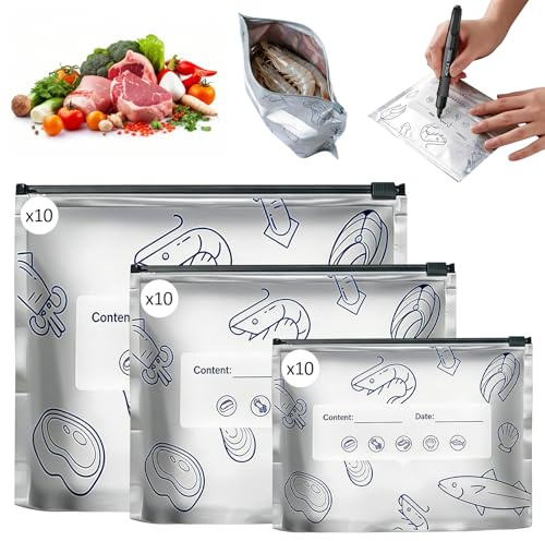 30 Stück Gefrierbeutel Zipper 3 Größen Wiederverwendbar Gefrierbeutel aus Aluminiumfolie mit Beschriftetem Etikett, Verschließbare Aufbewahrungsbeutel Geeignet für Küche Gemüse Milch Snacks Fleisch