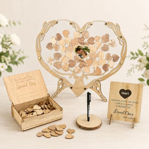 Gästebuch Hochzeit Holz mit Tischaufsteller., Alternative Hochzeitsgästebuch, Hochzeitsdeko mit 80 Holzherz, Gastgeschenke Hochzeit mit Holzkiste,Filzstift, Stifthalter und herzförmiger Fotorahmen