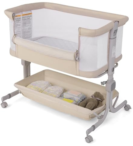 GOPLUS Cuna Colecho 3 en 1, Cuna Bebe con Colchón, Ruedas, Altura Ajustable de 6 Niveles y Ángulo Inclinable 3°-8°, Cuna de Viaje Portátil con Bolsa de Transporte, para 0-6 Meses (Beige)