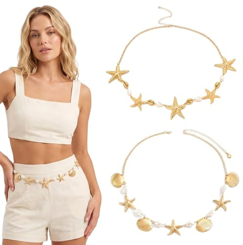 VEOIRXU 2 Pièces Chaîne Taille Coquillages Étoiles Mer Pour Femmes Or Ajustable Chaîne Corporelle À Étoile Mer Perle Mode Bijou De Ventre Plage D'Été Ceinture À Coquillages Pour Maillots Bain Tenues