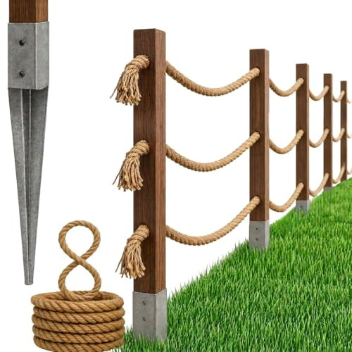 Bogateco Recinzione in legno a doppia corda, 8 m x 120 cm, 3 corde, set completo di barriera con corda di iuta da 30 mm e pali in legno, legno impregnato con manicotti per terreno, marrone scuro