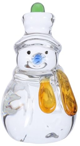OUNONA Liten snögubbestaty i glas, 7,5 cm snögubbefigur med grön hatt för julbordsdekoration, genomskinlig pappersvikt för mittpunktsdekorationer på vinterfesten