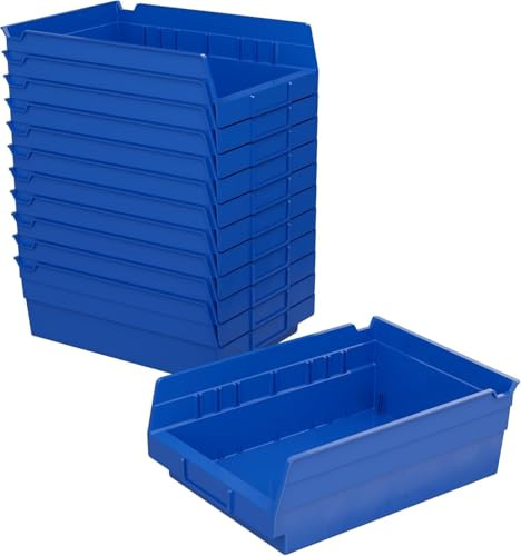 Akro-Mils 30150 Plastic Shelf Bins, Heavy Duty Storage Bins for Garage, Closet, and Drawer Organization, 12 x 8 x 4, Blue, 12-Pack
