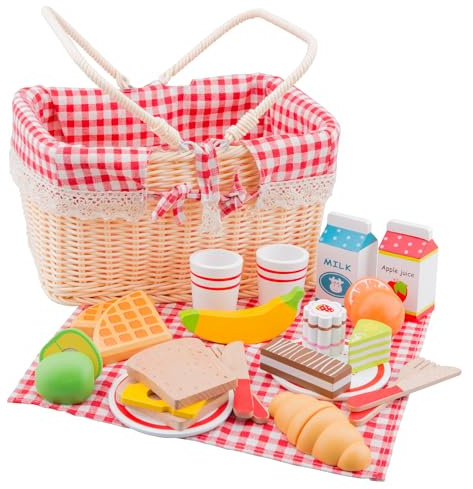 Woet® Picknickkorg i Trä för Barn - Matset för Rollspel med 30 Delar - Med Filt, Tallrikar, Muggar och Bestick - Rollspelsleksak för Lekkök - Från 3 År