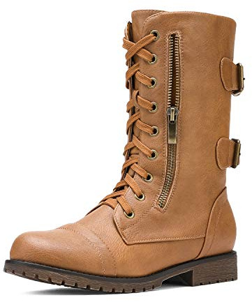 DREAM PAIRS Women's Combat Boots, Mid Calf Built-in Wallet Pocket Lace up Military Ankle Booties,Size 6.5,Classic Camel,TERRAN