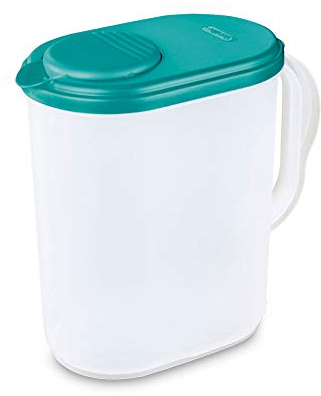Sterilite Plastic Pitcher Water Jug Drink Dispenser Blue Atoll Lid and Tab with Clear Base and Comfort Grip Handle for Kitchen and Home, Washed Blue
