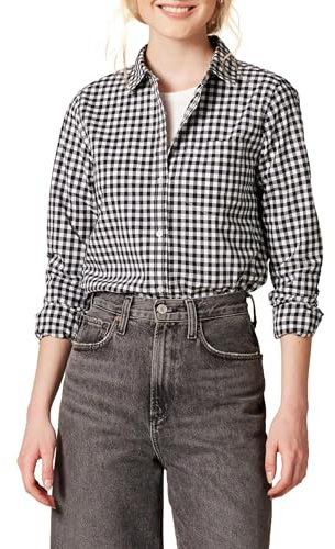 Amazon Essentials Camicia da donna a maniche lunghe con bottoni in popeline, vestibilità classica, motivo a quadretti, nero e bianco, M