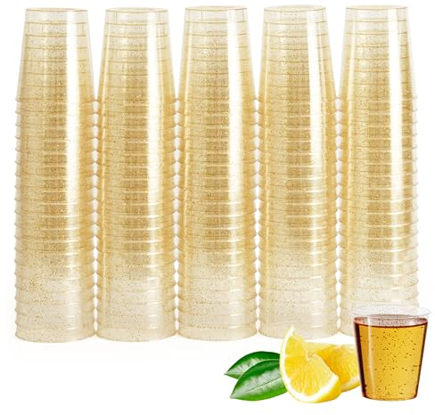 MATANA 100 Double Shot Glasses (60ml) - Clear Hard Plastic with Gold Glitter - Reusable Jello & Tequila Shots, Dessert Pots, Sample Tasting Cups for Birthdays, Weddings, BBQs, Parties
