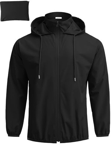 COOFANDY Rain Jacket Men Packable Lightweight Waterproof Raincoat Outdoor Windbreaker with Hood Black Medium
