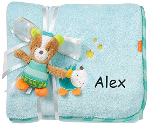 Fehn Fuchs Schmusedecke mit Namen personalisiert (Bestickt), Kuscheldecke, als Krabbelunterlage, Schnuffeltuch oder Zudecke, 100x75 cm, Junge & Mädchen