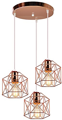 iDEGU 3-flammig Hängelampe Vintage Lampe im Industrie Design Sechseckiger Käfig-Lampenschirm aus Metall E27 Deckenleuchte Retro Pendelleuchte für Esszimmer, Schlafzimmer, Flur (Rondell, Roségold)