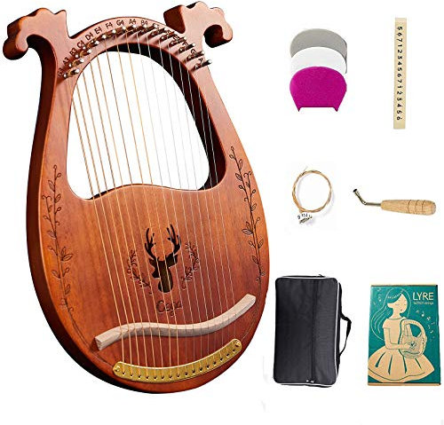 Lyre Harfe, 16-saitige Harfe aus Massivholz, Mahagoni, Leierharfe mit Stimmschlüssel, Plektrum, Saiten, schwarzer Gigbag und Bedienungsanleitung für Anfänger, Instrumentenliebhaber (Kaffeefarben)