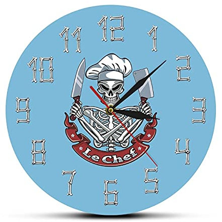 xinxin Wall Clock Le Chef Skull Cook Modern Wall Clock Watch Skeleton With Chef Hat Knife Cleaver French Restaurant Kitchen Decor Funny Chef Gift