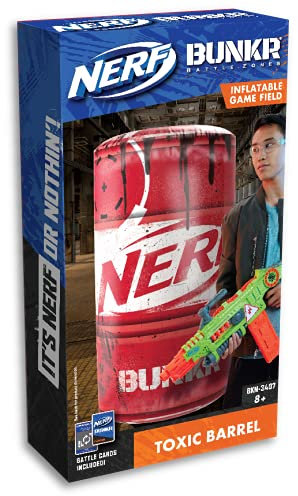 Nerf Bunkr BKN-3407 Take Cover Toxic Barrel-Inflatable Obstacle for Use with All Indoor & Outdoor Zones Game Fields-Features Stability System, 3-Way Valves, Battle Cards, 8+ Years