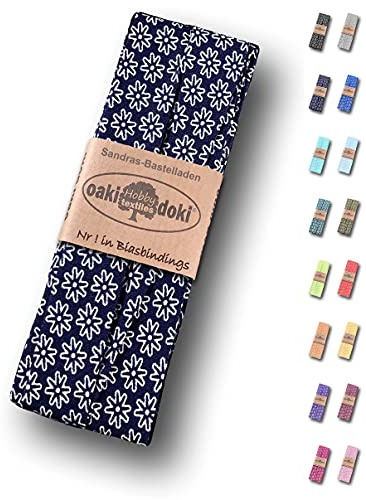 Sandras-Bastelladen Schrägband/Einfassband Baumwolle gefalzt 3m x 20mm - Gänseblümchen Muster 4003-Dunkelblau-Weiß