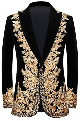 PYJTRL Blazer élégant en Velours Noir avec Broderie dorée pour Homme