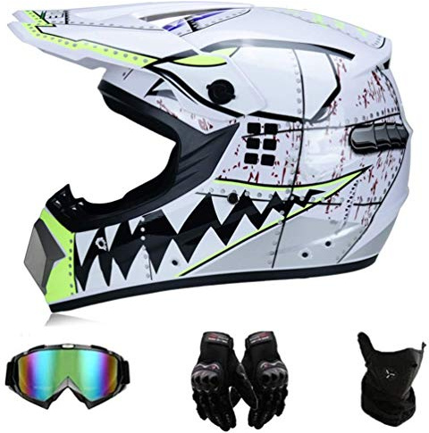 Casco Motocross,Casco Descenso Hombre, Blanco/Tiburón - Adulto Casco Motocross Enduro MTB con Gafas/Máscara/Guantes, Casco Trail, ATV Scooter,L