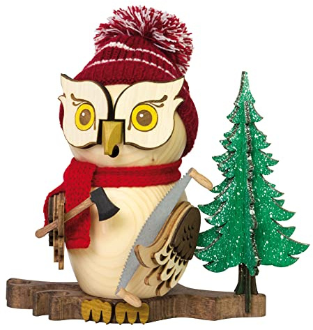 Drechslerei Kuhnert Rauchfigur/Räucherfigur - Eule Waldarbeiter aus Massivholz - ca. 15 cm - Made in Germany