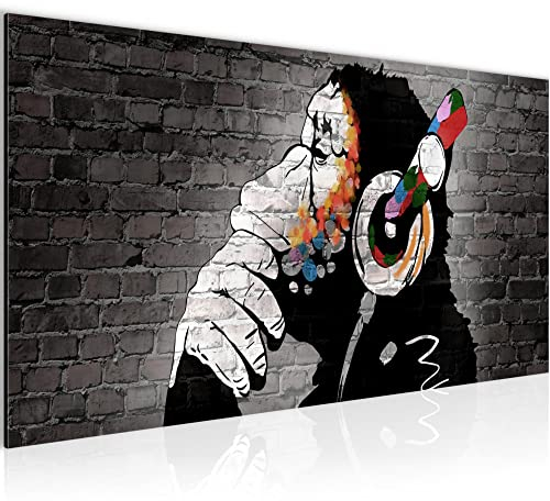 Runa Art Wandbild Affe mit Kopfhörer 1 Teilig 100 x 40 cm Modern Bild auf Vlies Leinwand Street Art Graffiti Loft Wohnzimmer Bunt 042512b