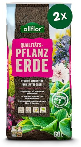 Allflor Pflanzerde I 2 x 60 Liter Beutel I Erde gebrauchfertig, aufgekalkt, aufgedüngt I Blumenerde für Pflanzungen im Garten oder im Kübel I Schnelles und optimales Wachstum